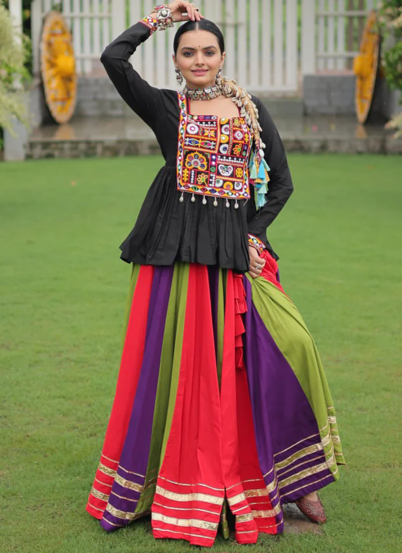 Gamthi Embroidery Work Multi Color Rayon Silk Chaniya With Peplum Top - Image 3