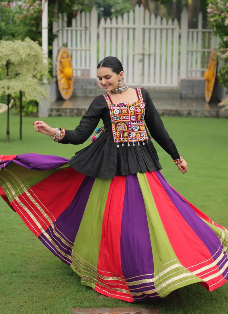 Gamthi Embroidery Work Multi Color Rayon Silk Chaniya With Peplum Top - Image 4