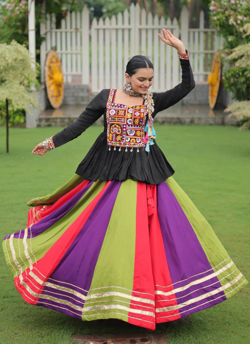 Gamthi Embroidery Work Multi Color Rayon Silk Chaniya With Peplum Top - Image 5