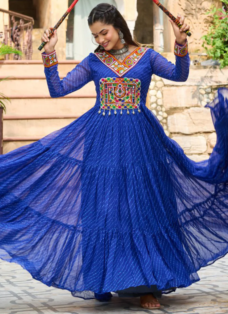 Gamthi Work Laheriya Printed Georgette Royal Blue Anarkali Style Gown - Image 3