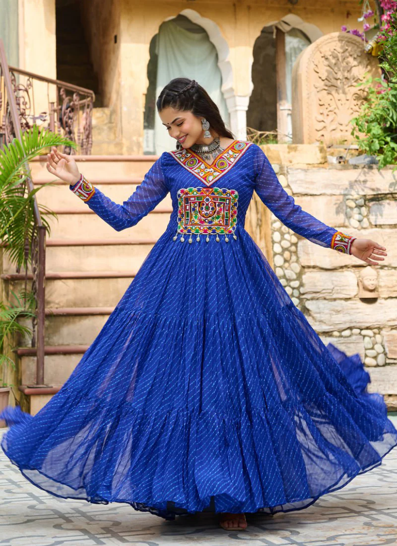 Gamthi Work Laheriya Printed Georgette Royal Blue Anarkali Style Gown - Image 6