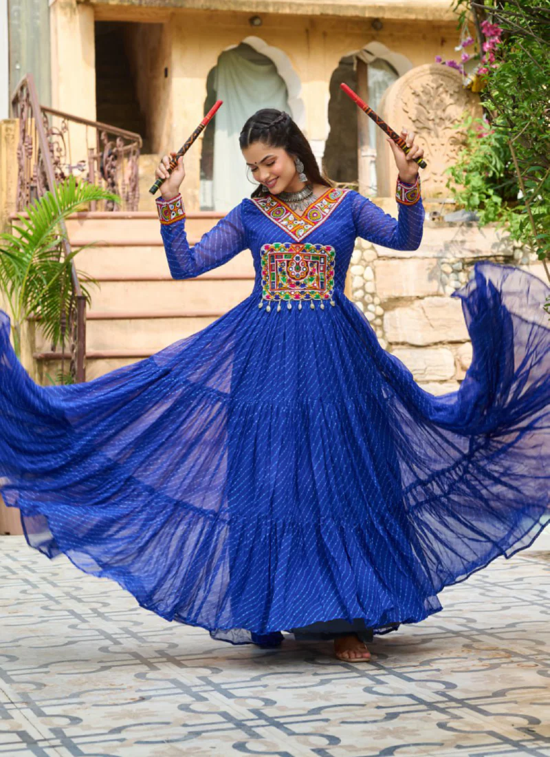 Gamthi Work Laheriya Printed Georgette Royal Blue Anarkali Style Gown - Image 9