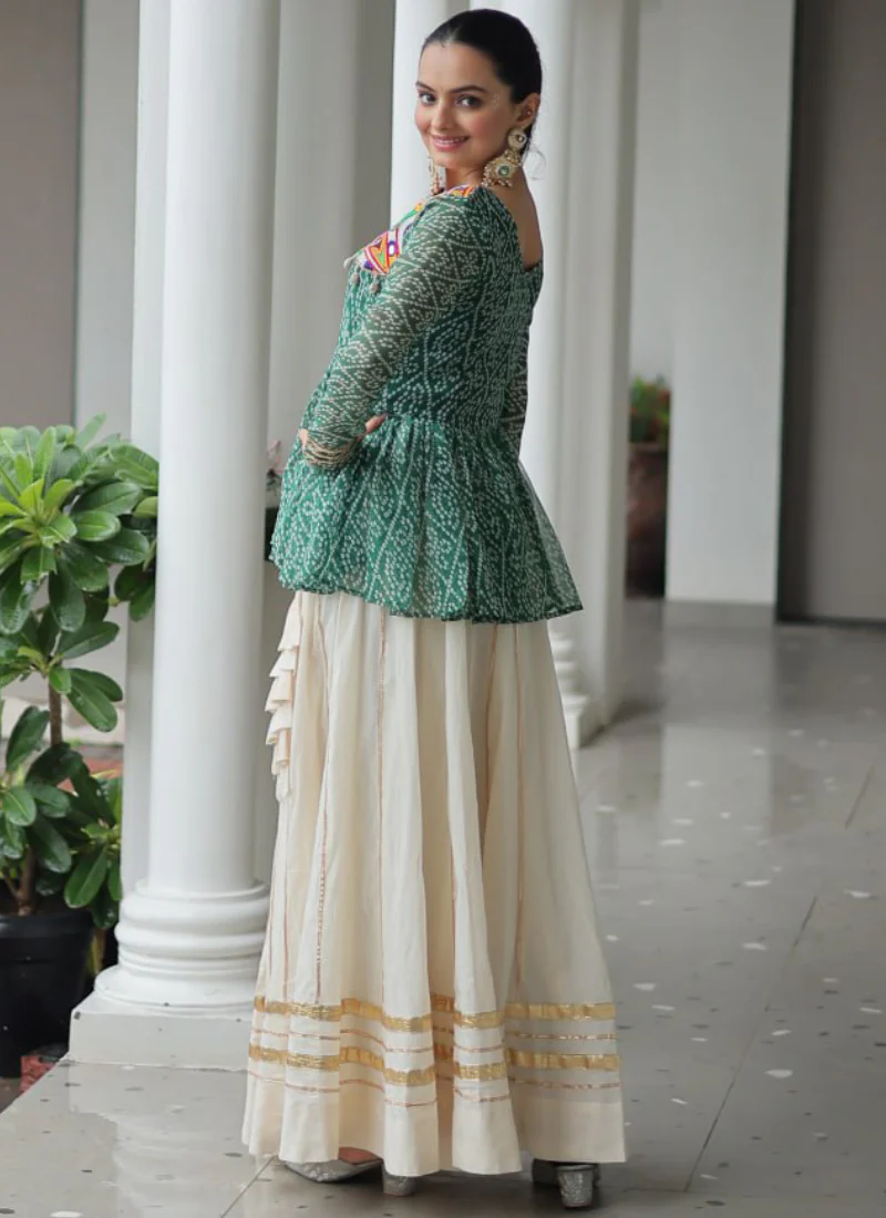 Gamthi Work Printed Green Kediya Top With Cotton Off White Lehenga - Image 10