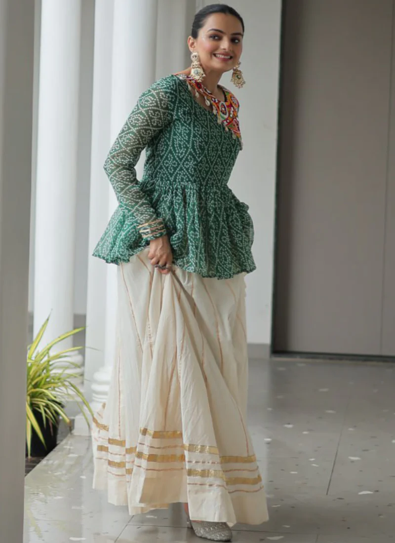 Gamthi Work Printed Green Kediya Top With Cotton Off White Lehenga - Image 11