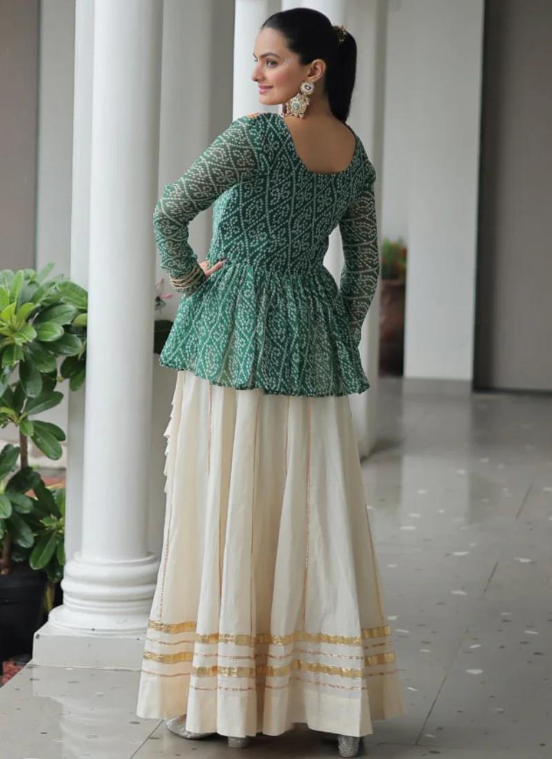 Gamthi Work Printed Green Kediya Top With Cotton Off White Lehenga - Image 13