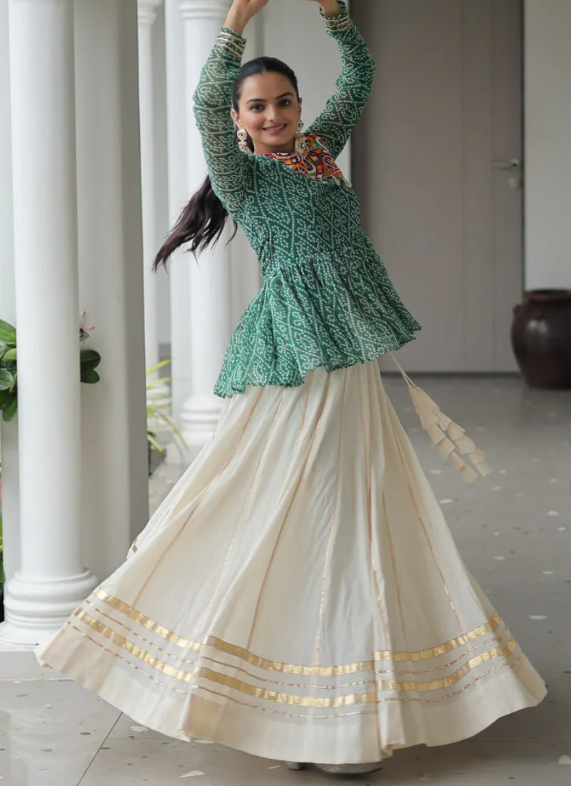 Gamthi Work Printed Green Kediya Top With Cotton Off White Lehenga - Image 14
