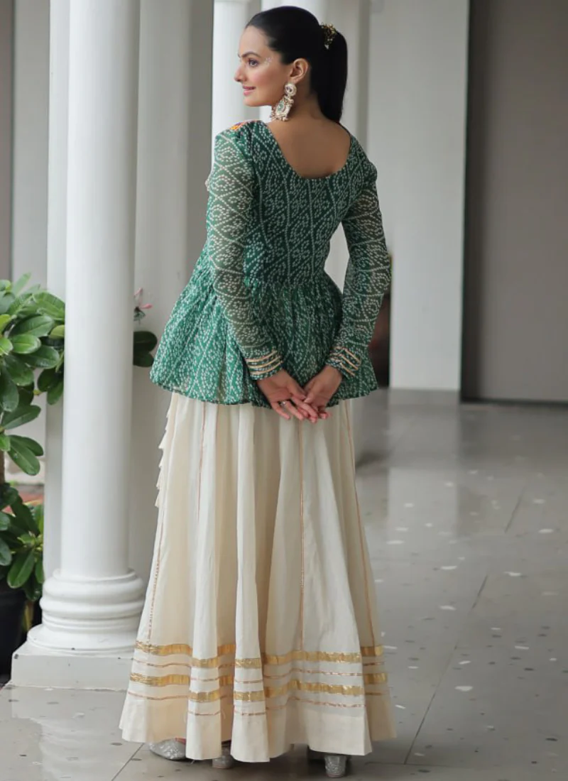 Gamthi Work Printed Green Kediya Top With Cotton Off White Lehenga - Image 15