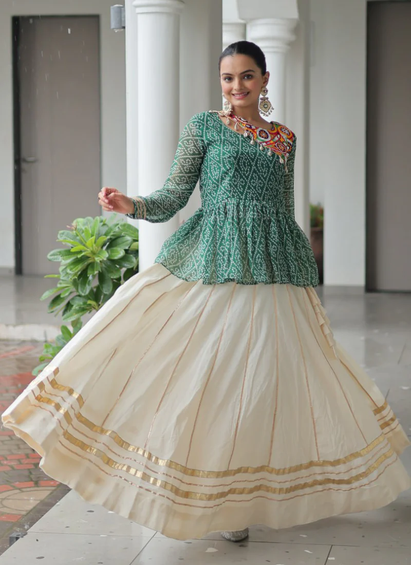 Gamthi Work Printed Green Kediya Top With Cotton Off White Lehenga - Image 4