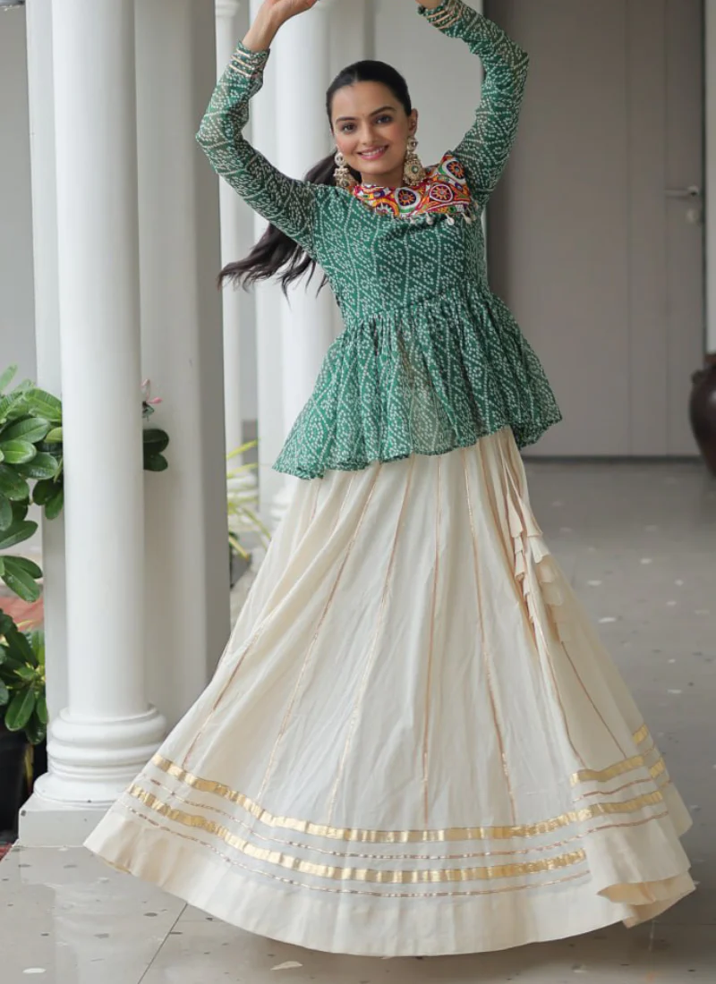 Gamthi Work Printed Green Kediya Top With Cotton Off White Lehenga - Image 5
