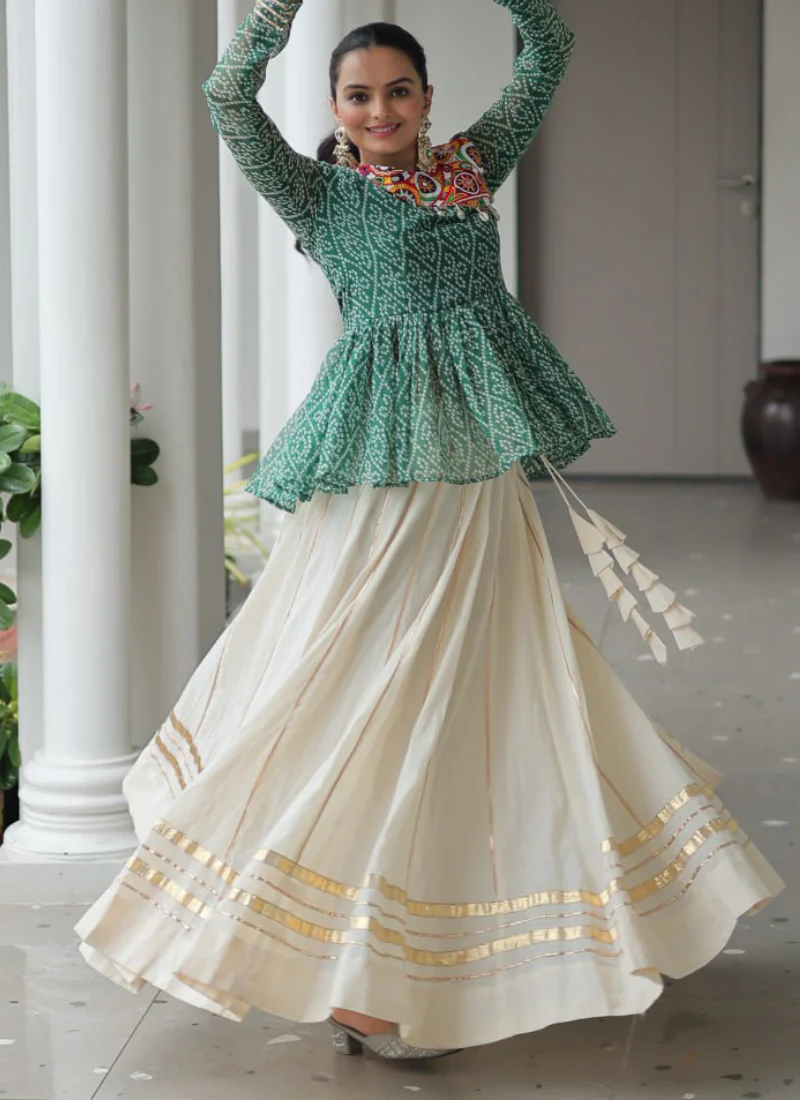Gamthi Work Printed Green Kediya Top With Cotton Off White Lehenga - Image 6