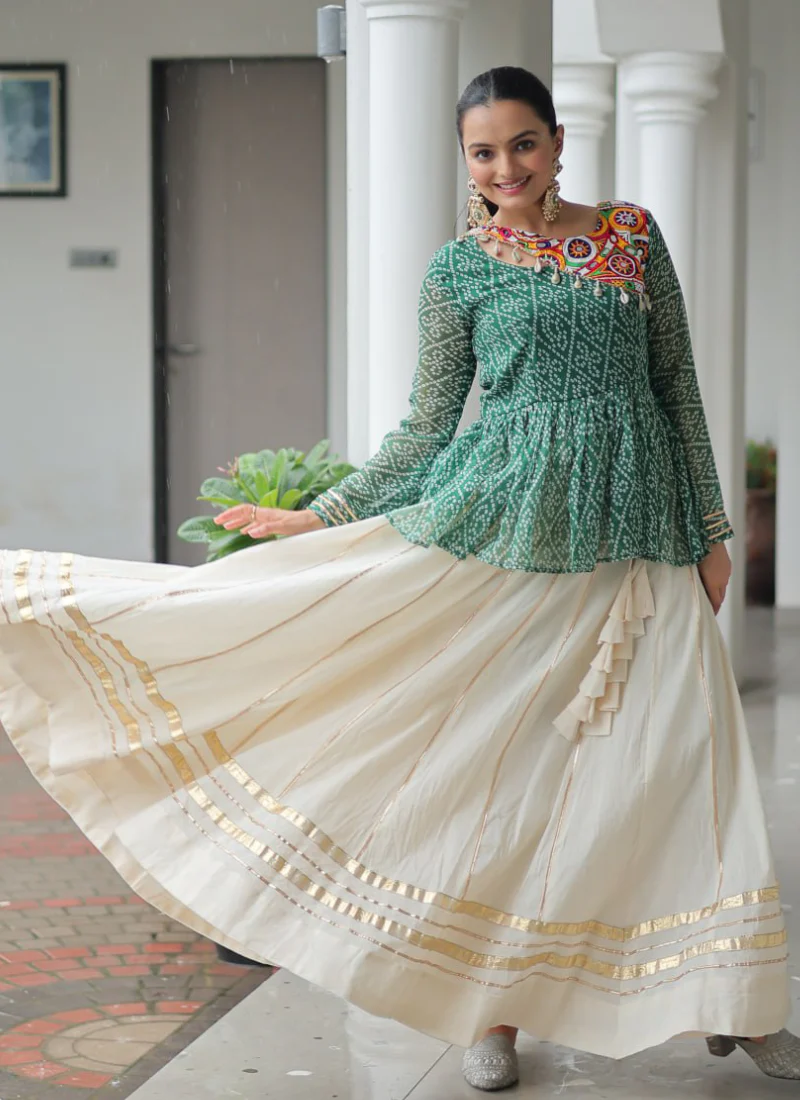 Gamthi Work Printed Green Kediya Top With Cotton Off White Lehenga - Image 7