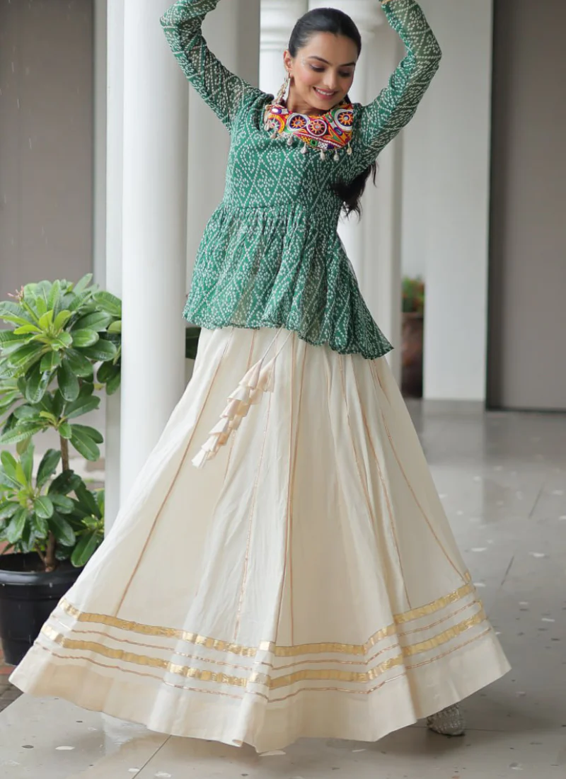 Gamthi Work Printed Green Kediya Top With Cotton Off White Lehenga - Image 9