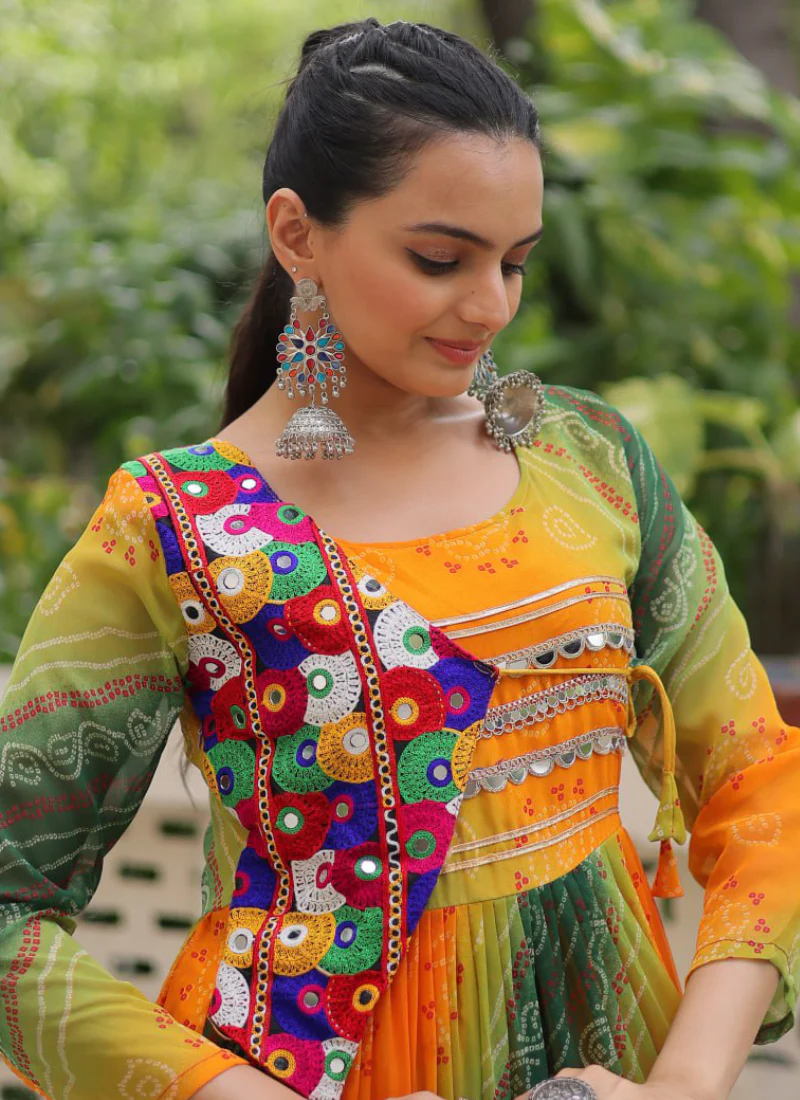 Georgette Bandhani Print Gamthi Work Multi Green Navratri Special Gown - Image 4
