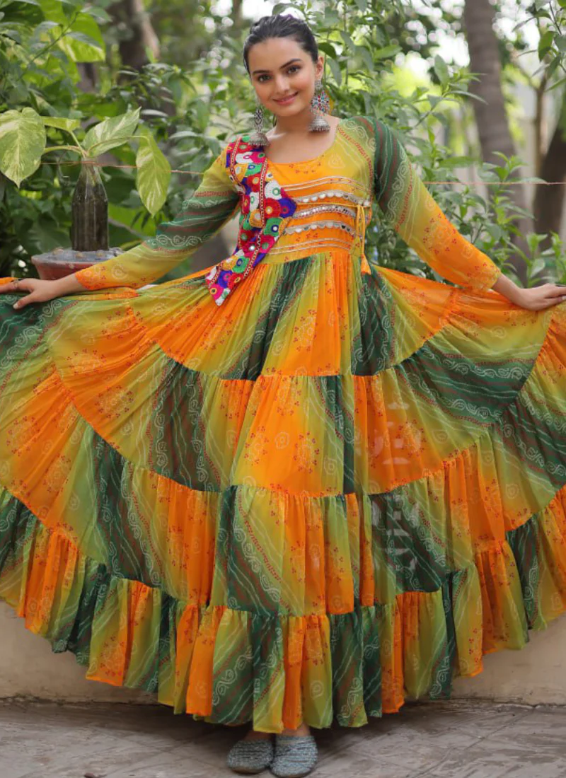 Georgette Bandhani Print Gamthi Work Multi Green Navratri Special Gown - Image 5