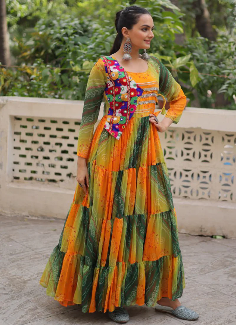 Georgette Bandhani Print Gamthi Work Multi Green Navratri Special Gown - Image 6