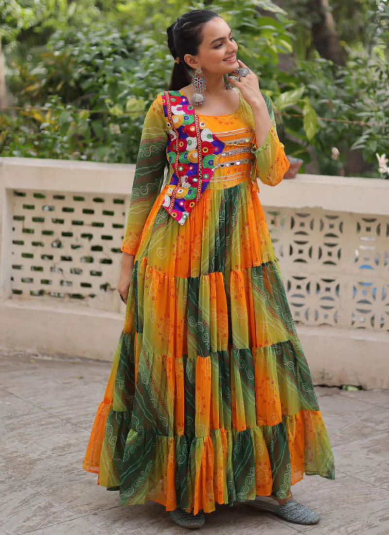 Georgette Bandhani Print Gamthi Work Multi Green Navratri Special Gown - Image 7