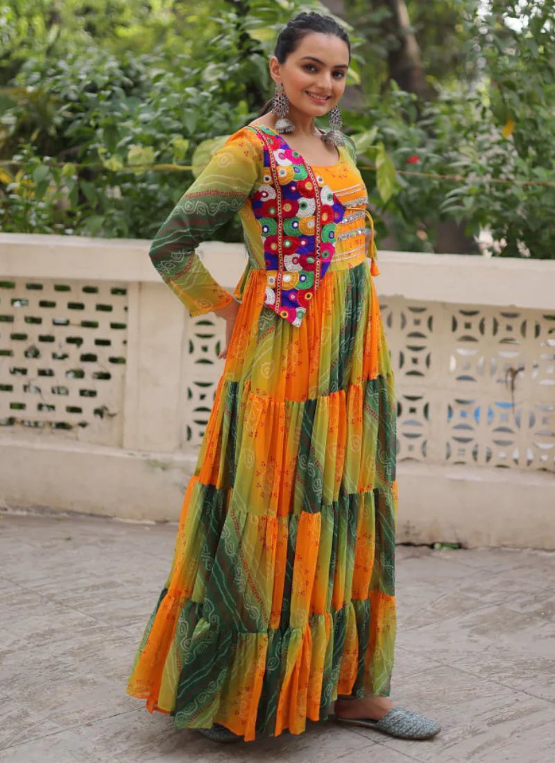 Georgette Bandhani Print Gamthi Work Multi Green Navratri Special Gown - Image 8