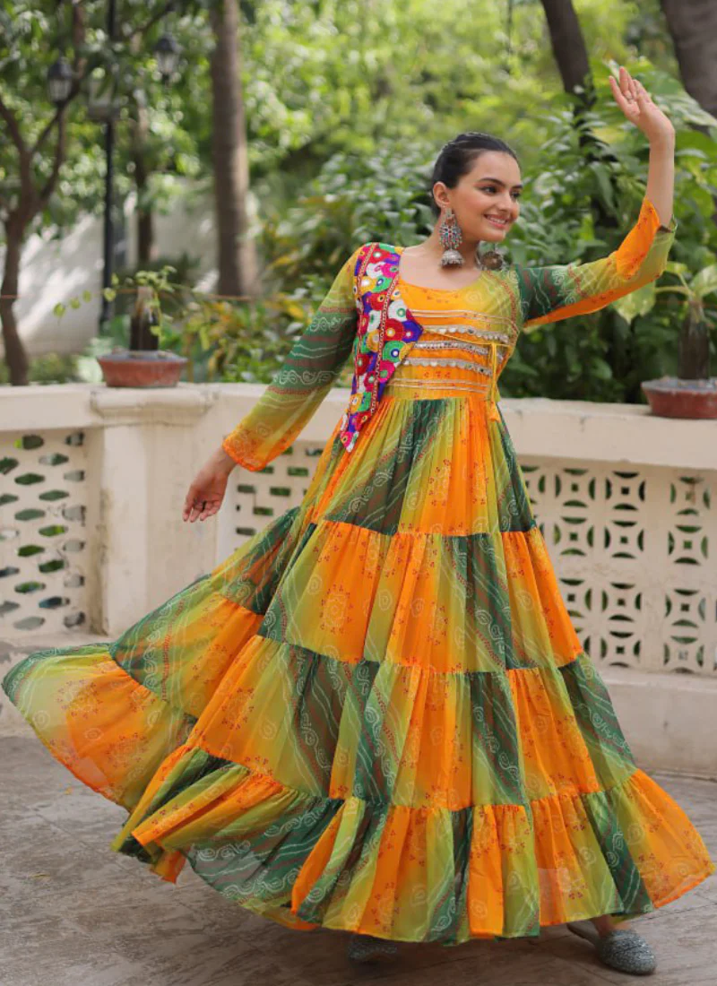 Georgette Bandhani Print Gamthi Work Multi Green Navratri Special Gown - Image 9