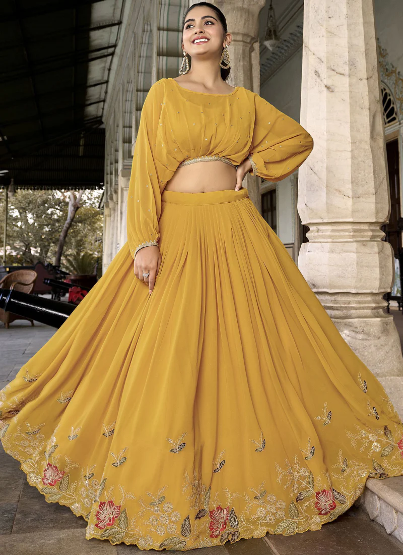 Georgette Embroidered Designer Haldi Special Yellow Crop Top Lehenga - Image 3