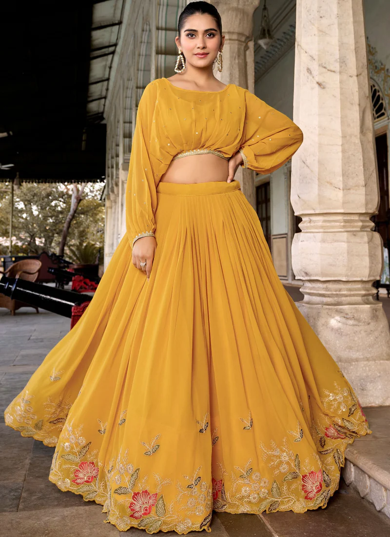 Georgette Embroidered Designer Haldi Special Yellow Crop Top Lehenga - Image 4