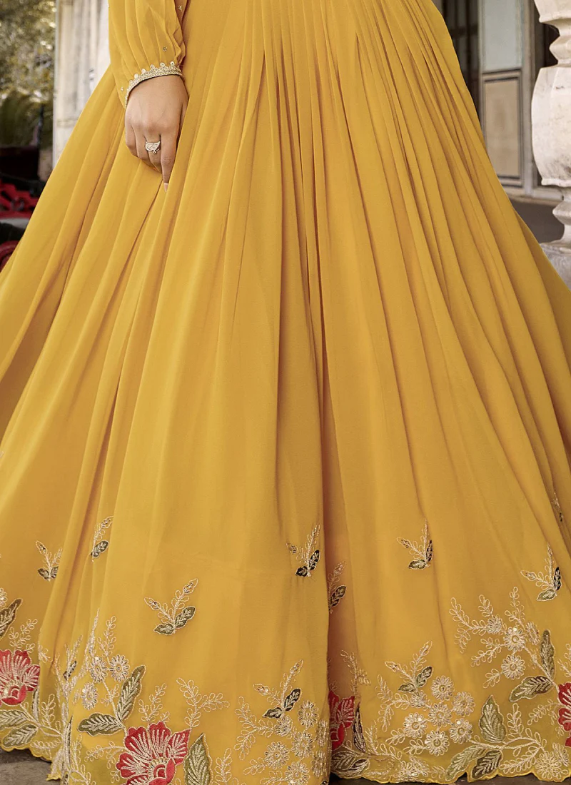 Georgette Embroidered Designer Haldi Special Yellow Crop Top Lehenga - Image 5