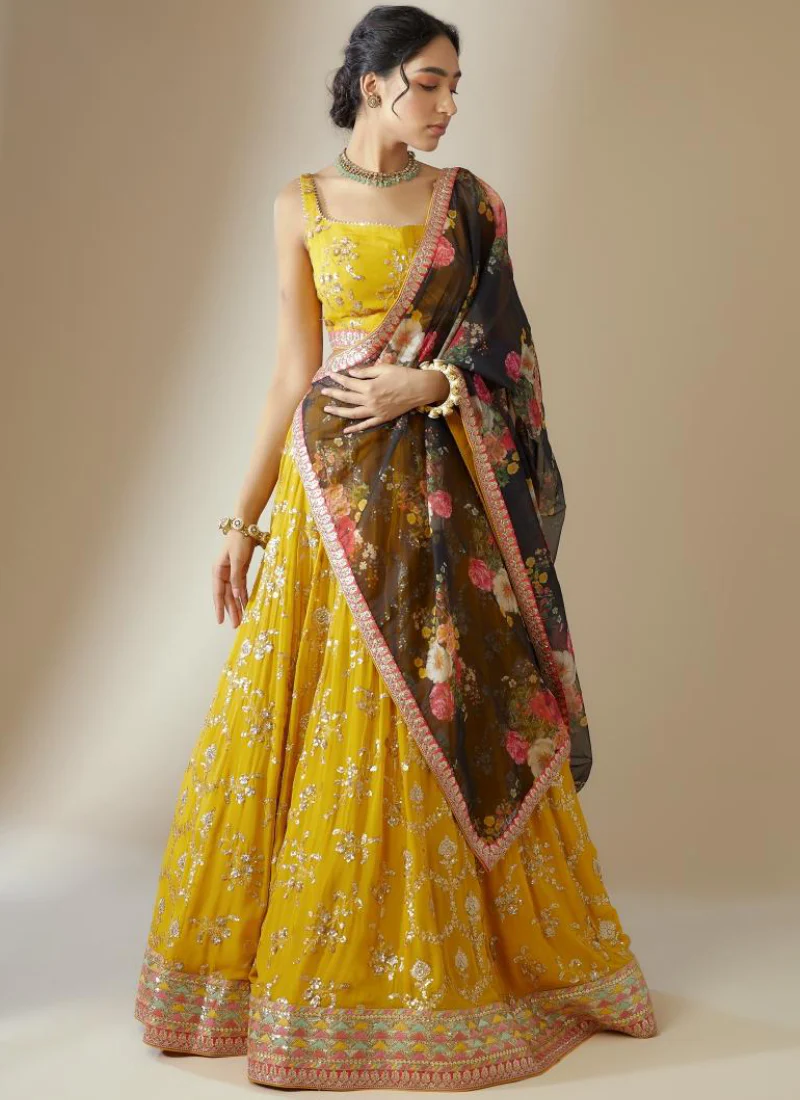 Georgette Floral Sequence Work Haldi Special Yellow Lehenga Choli - Image 3