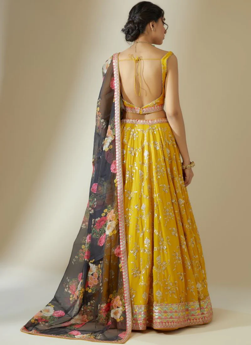 Georgette Floral Sequence Work Haldi Special Yellow Lehenga Choli - Image 5