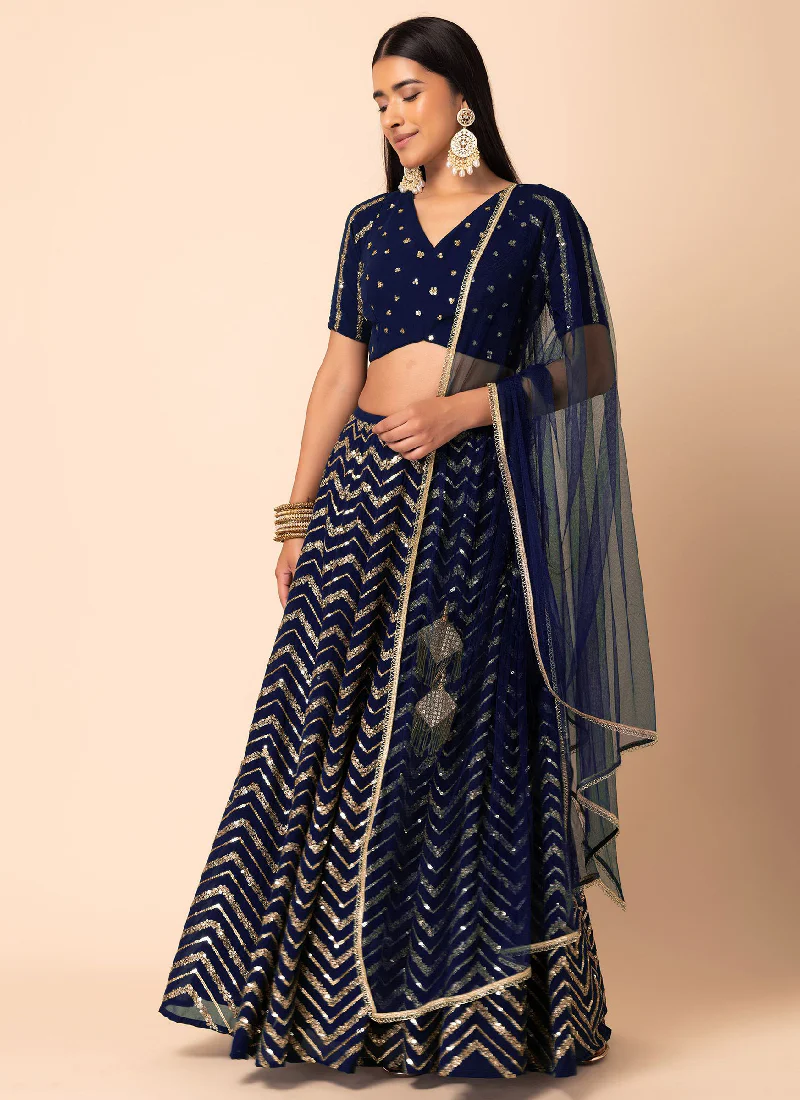 Georgette Navy Blue Sequence Embroidery Work Lehenga Choli Set - Image 3