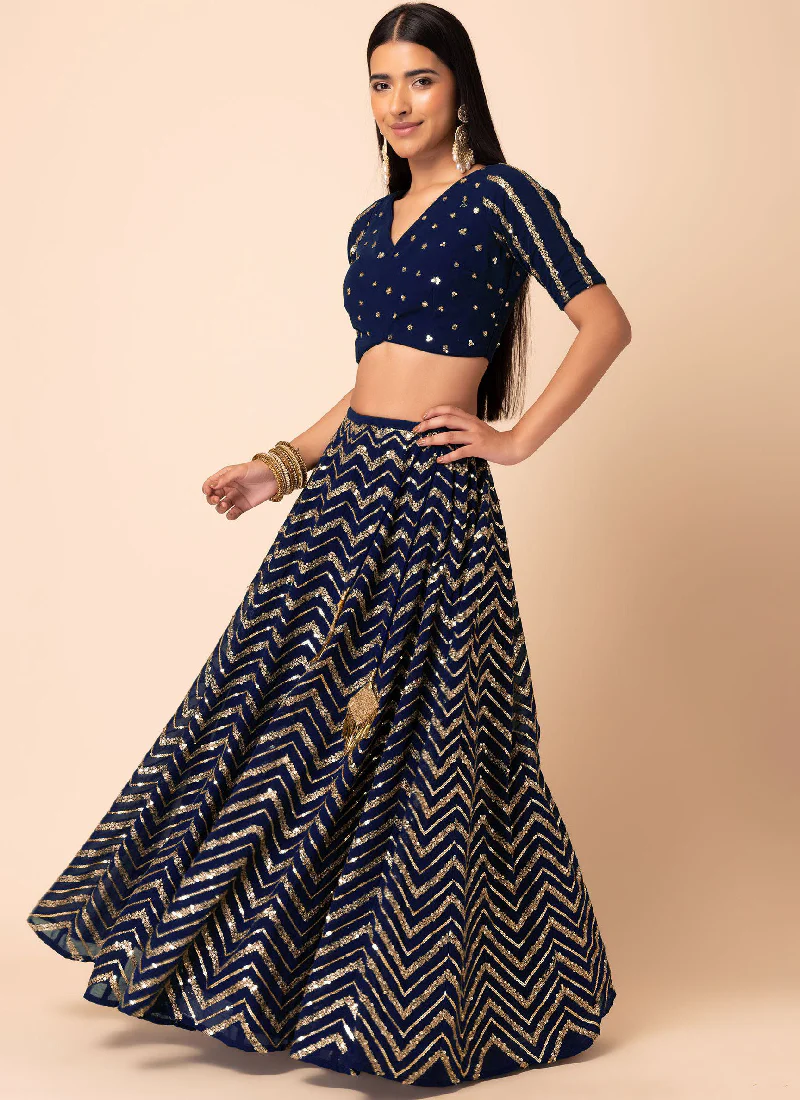 Georgette Navy Blue Sequence Embroidery Work Lehenga Choli Set - Image 4