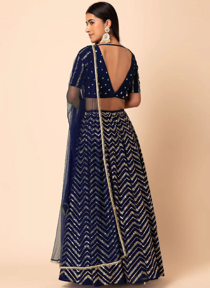 Georgette Navy Blue Sequence Embroidery Work Lehenga Choli Set - Image 5