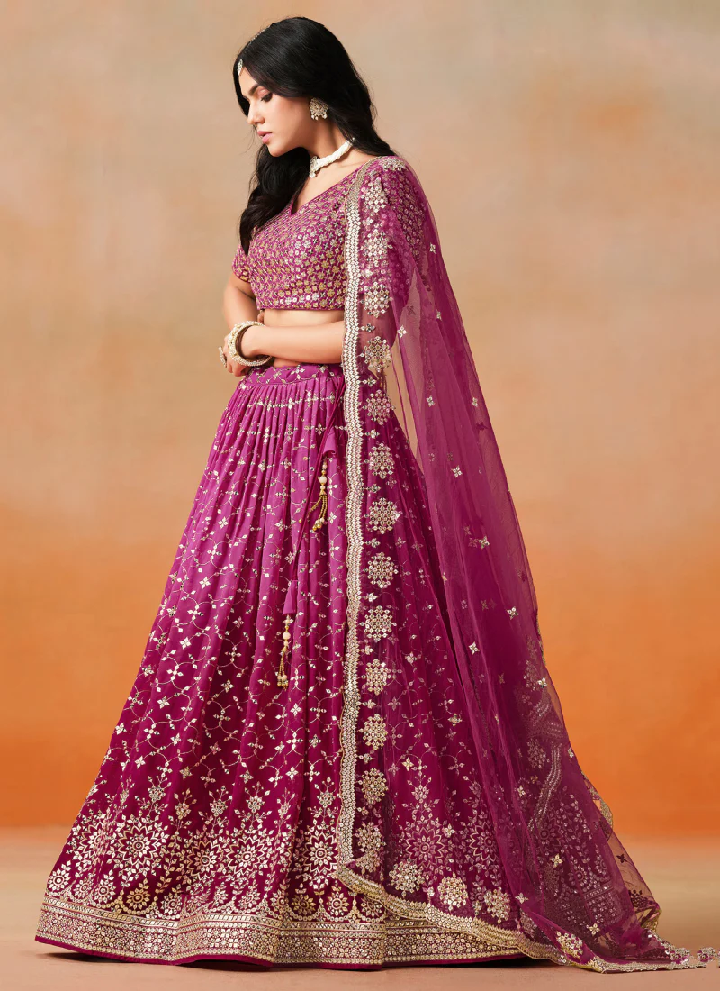 Georgette Pink Shaded Zari Embroidered Ceremonial Wear Lehenga Choli - Image 3
