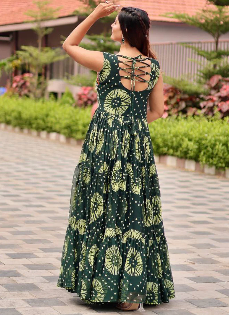 Georgette Real Mirror Gamthi Work Printed Dark Green Anarkali Gown - Image 11