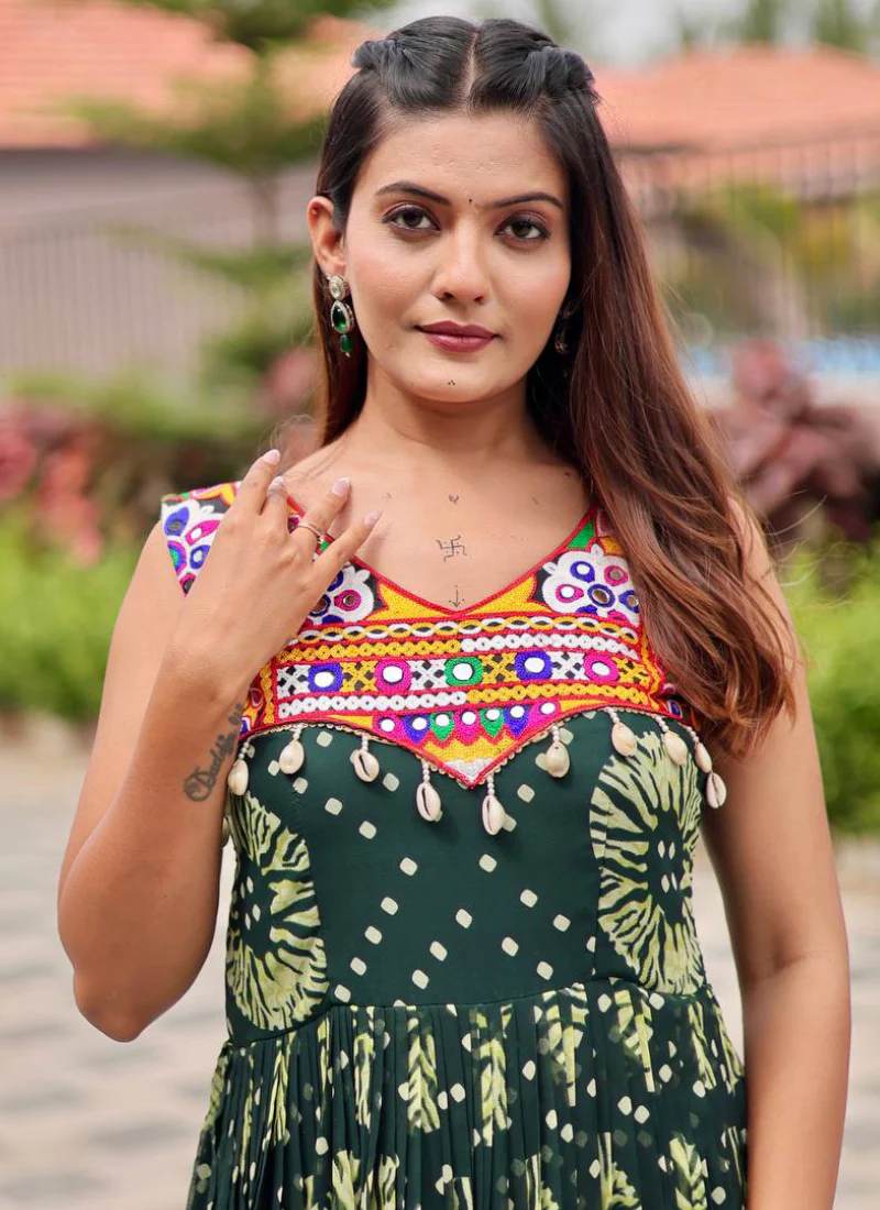 Georgette Real Mirror Gamthi Work Printed Dark Green Anarkali Gown - Image 3
