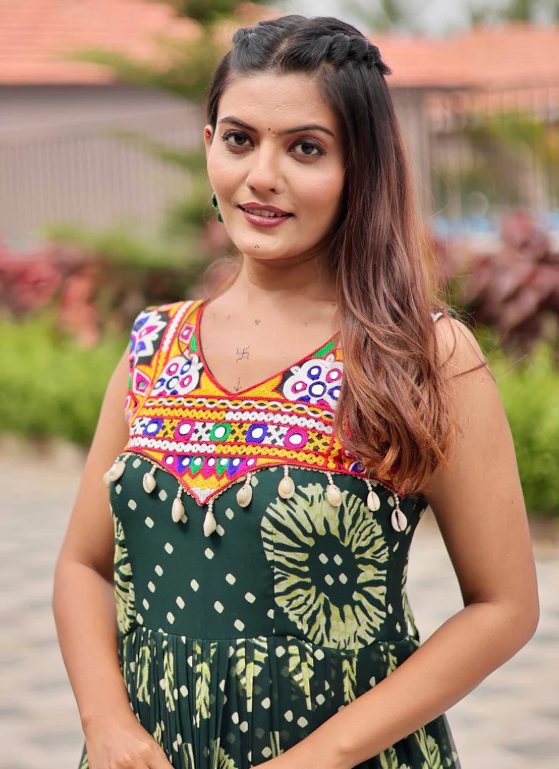 Georgette Real Mirror Gamthi Work Printed Dark Green Anarkali Gown - Image 4
