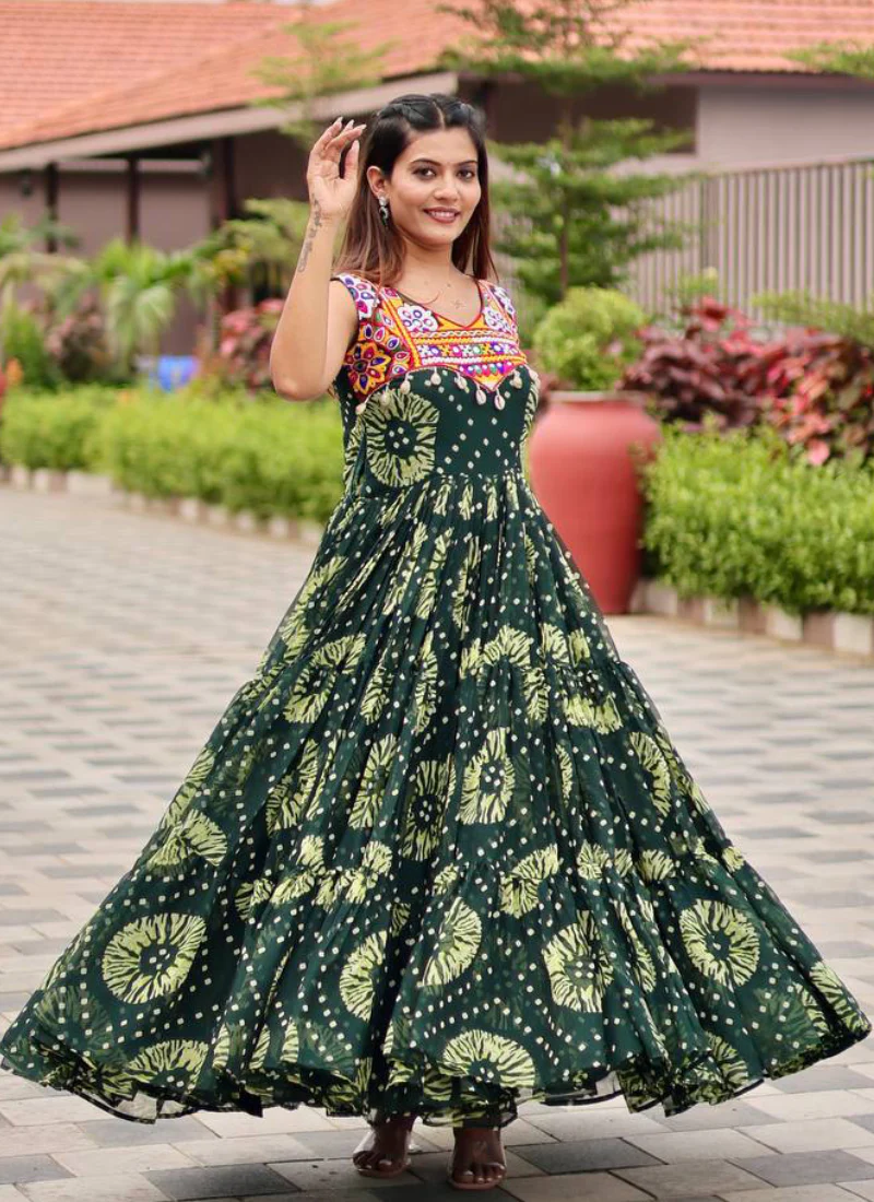 Georgette Real Mirror Gamthi Work Printed Dark Green Anarkali Gown - Image 5
