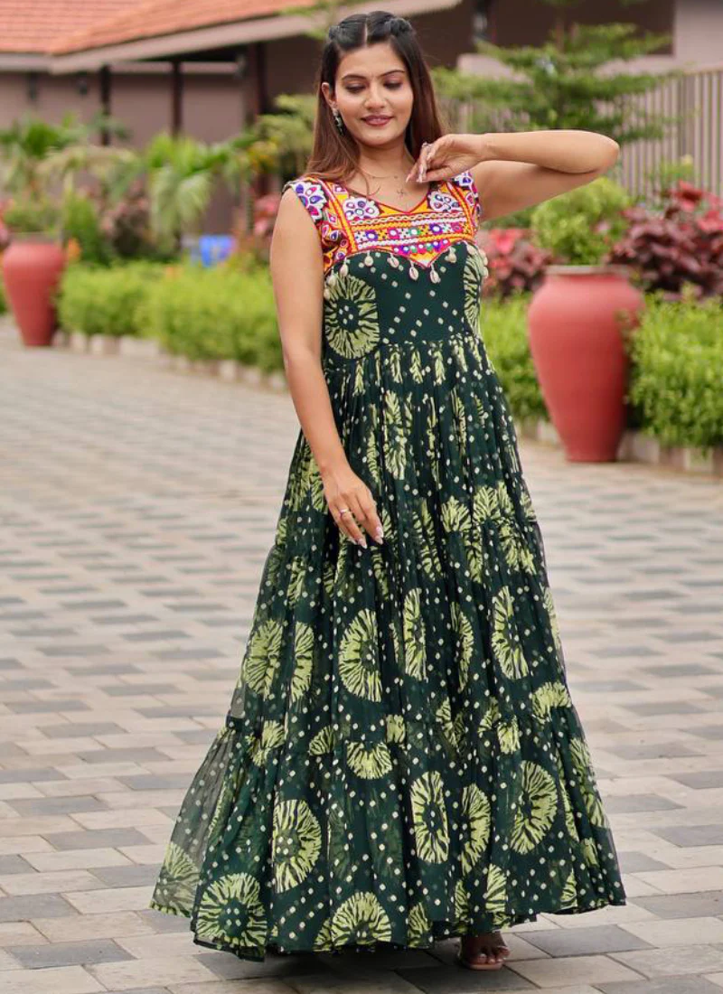 Georgette Real Mirror Gamthi Work Printed Dark Green Anarkali Gown - Image 6