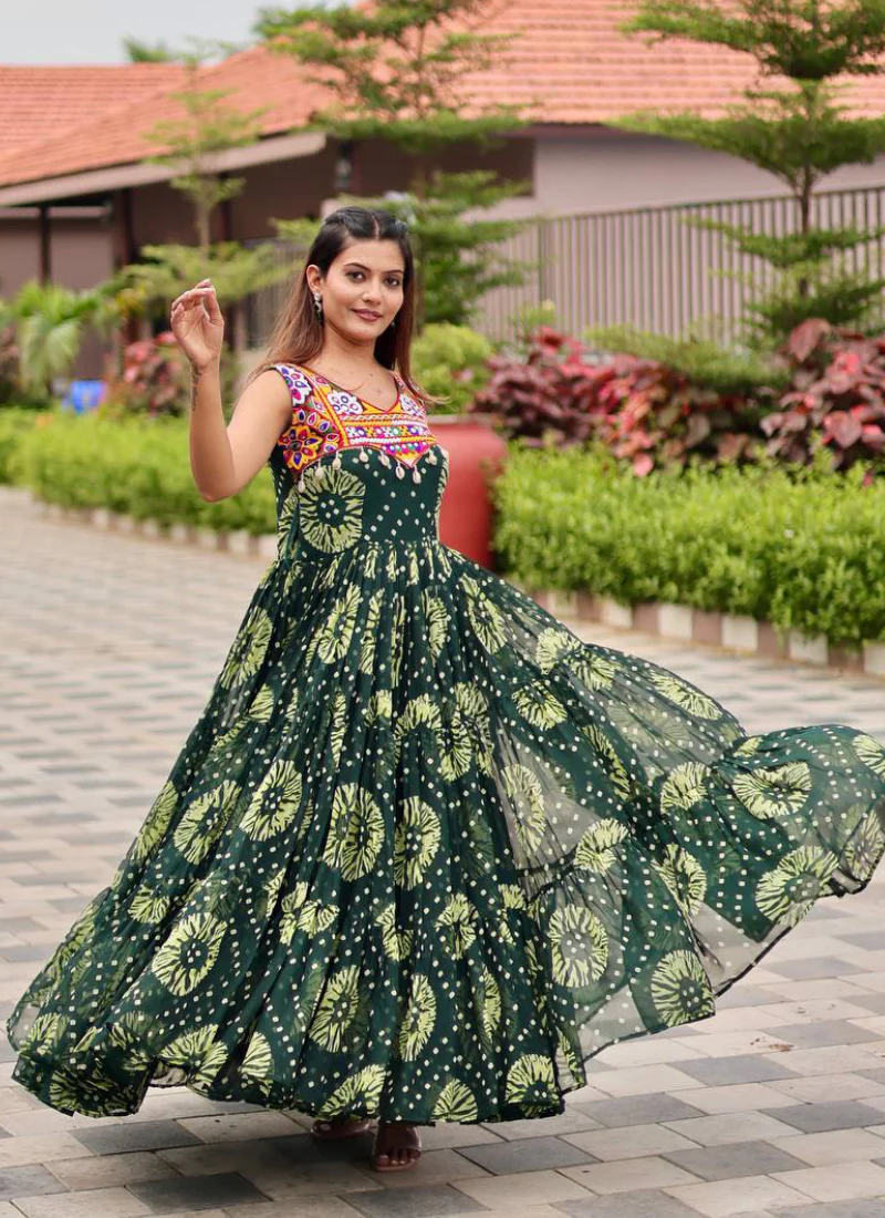 Georgette Real Mirror Gamthi Work Printed Dark Green Anarkali Gown - Image 7