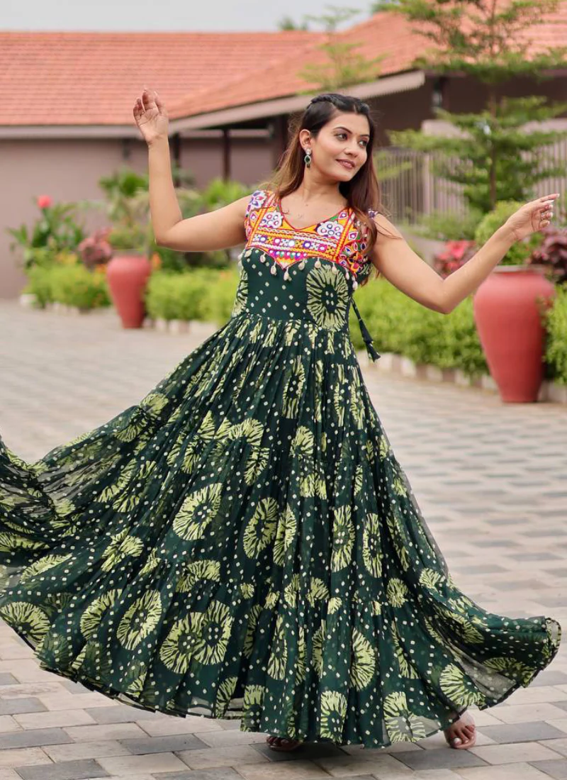 Georgette Real Mirror Gamthi Work Printed Dark Green Anarkali Gown - Image 8