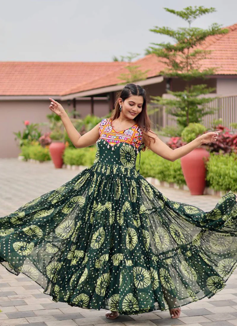 Georgette Real Mirror Gamthi Work Printed Dark Green Anarkali Gown - Image 9