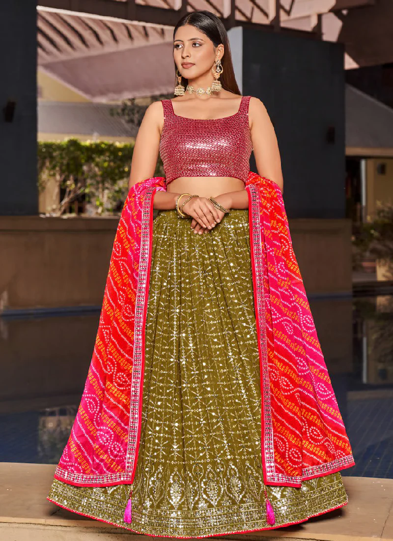 Georgette Sequence Embroidered Green Lehenga For Mehndi Function