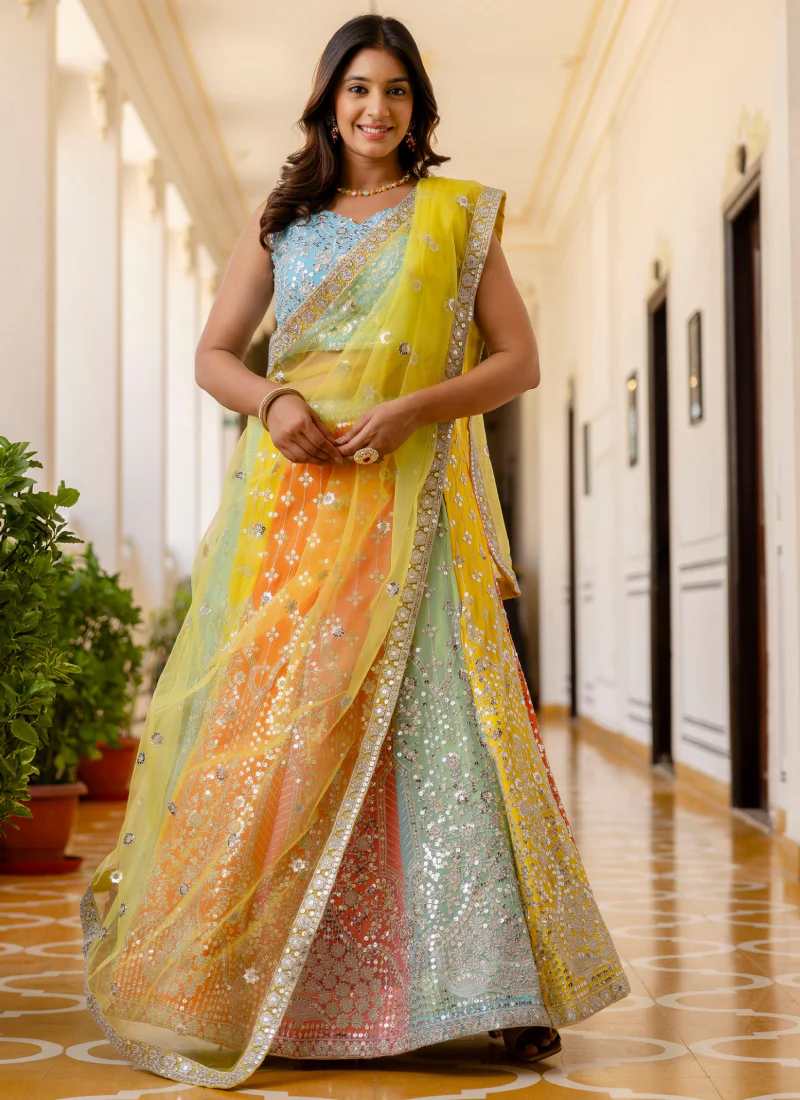 Georgette Sequence Embroidered Multi Color Lehenga Choli For Wedding - Image 4