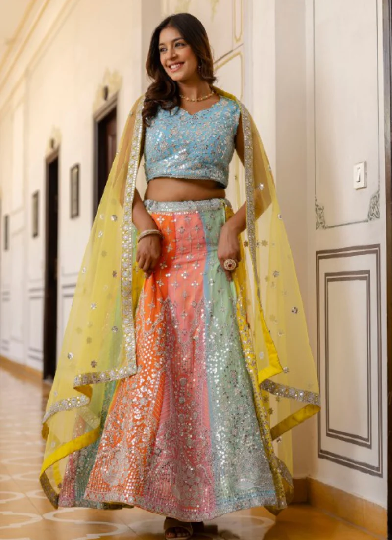 Georgette Sequence Embroidered Multi Color Lehenga Choli For Wedding - Image 8