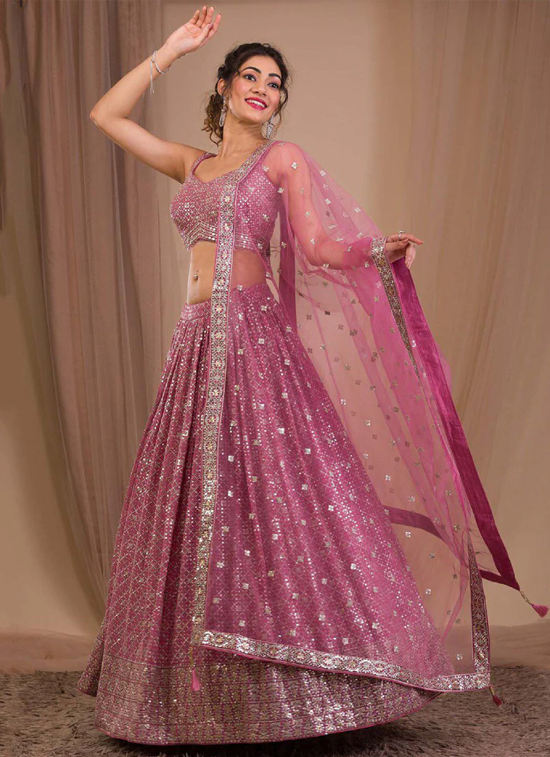 Georgette Sequence Embroidered Pink Wedding Wear Lehenga Choli - Image 2