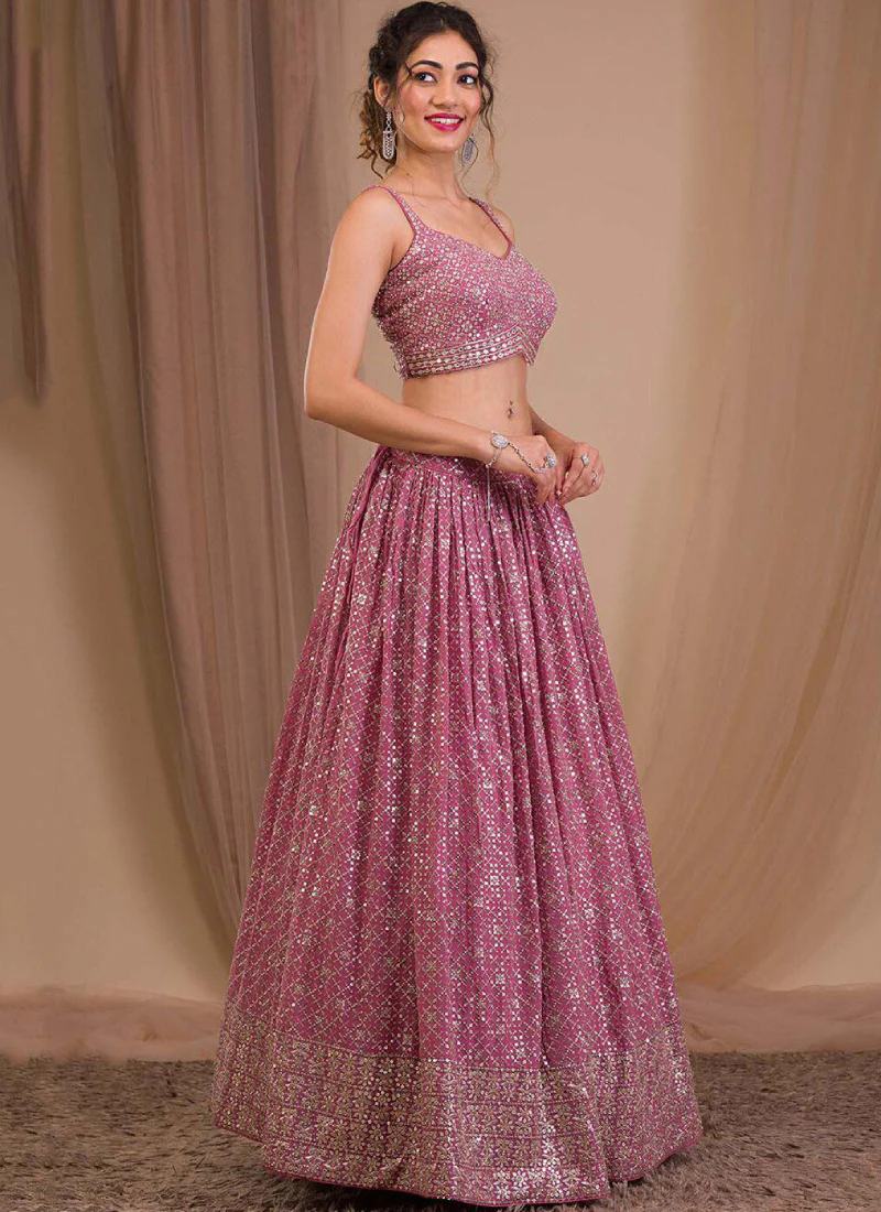 Georgette Sequence Embroidered Pink Wedding Wear Lehenga Choli - Image 3