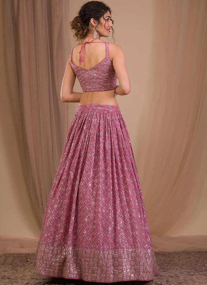 Georgette Sequence Embroidered Pink Wedding Wear Lehenga Choli - Image 4