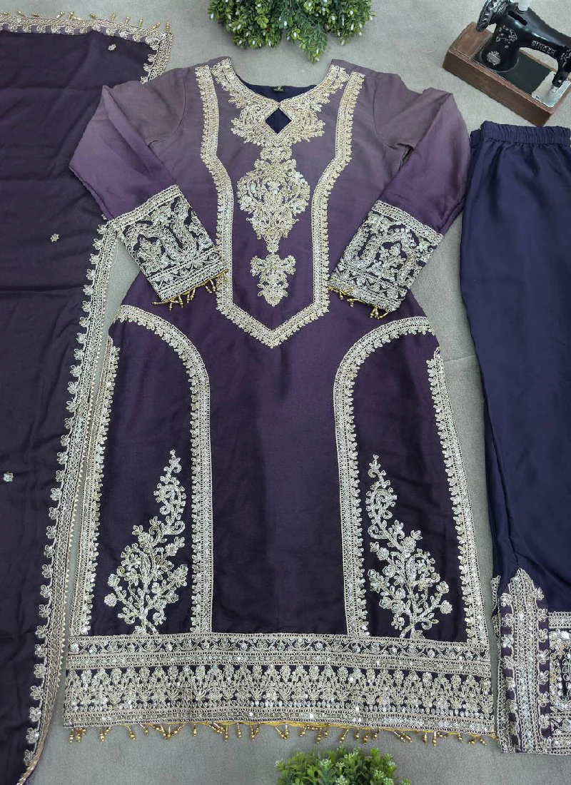 Georgette Sequence Embroidered Purple Salwar Kameez With Dupatta - Image 6