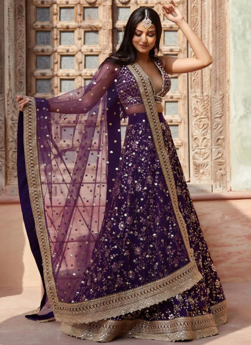 Georgette Sequence Embroidered Work Party Wear Purple Lehenga Choli - Image 3