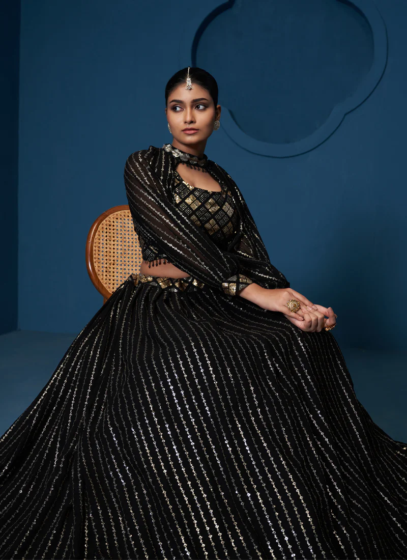 Georgette Sequence Work Black Crop Top Skirt With Choker Sleeves - Image 3
