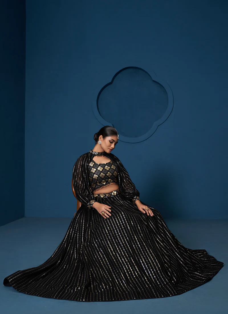 Georgette Sequence Work Black Crop Top Skirt With Choker Sleeves - Image 4