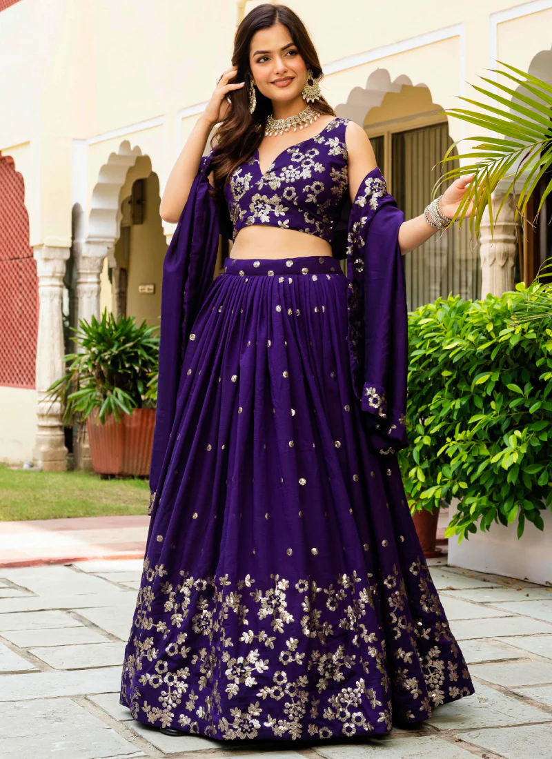 Georgette Sequence Work Purple Function Wear Lehenga Choli With Dupatta - Image 3